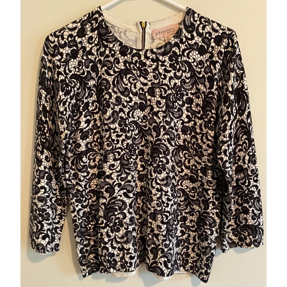 Philosphy Women’s Lightweight Lace Paisley Print Sweater Top Shirt Back Zip Sz M